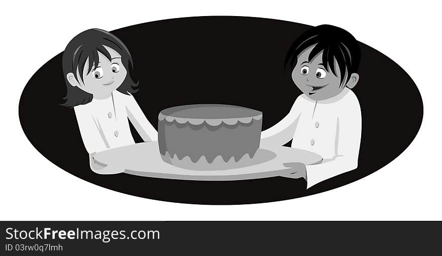 Cartoon illustration of a chef's cake grayscale