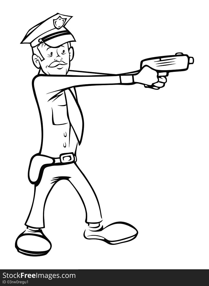 Cartoon illustration of a policeman shooting outline