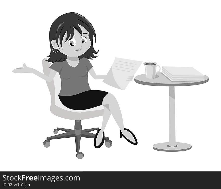 Cartoon grayscale illustration of a Woman Brunette Sitting. Cartoon grayscale illustration of a Woman Brunette Sitting