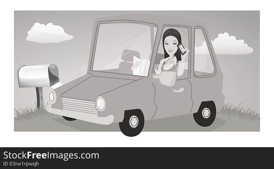 Cartoon grayscale illustration of a Woman texting. Cartoon grayscale illustration of a Woman texting