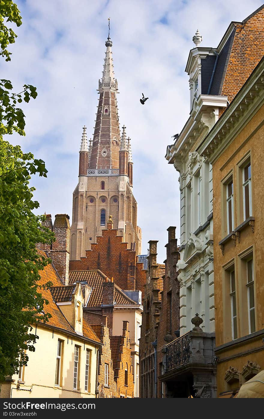 Bruges. Belgium. Classic urban environment of the medieval city. Summer urban landscape.