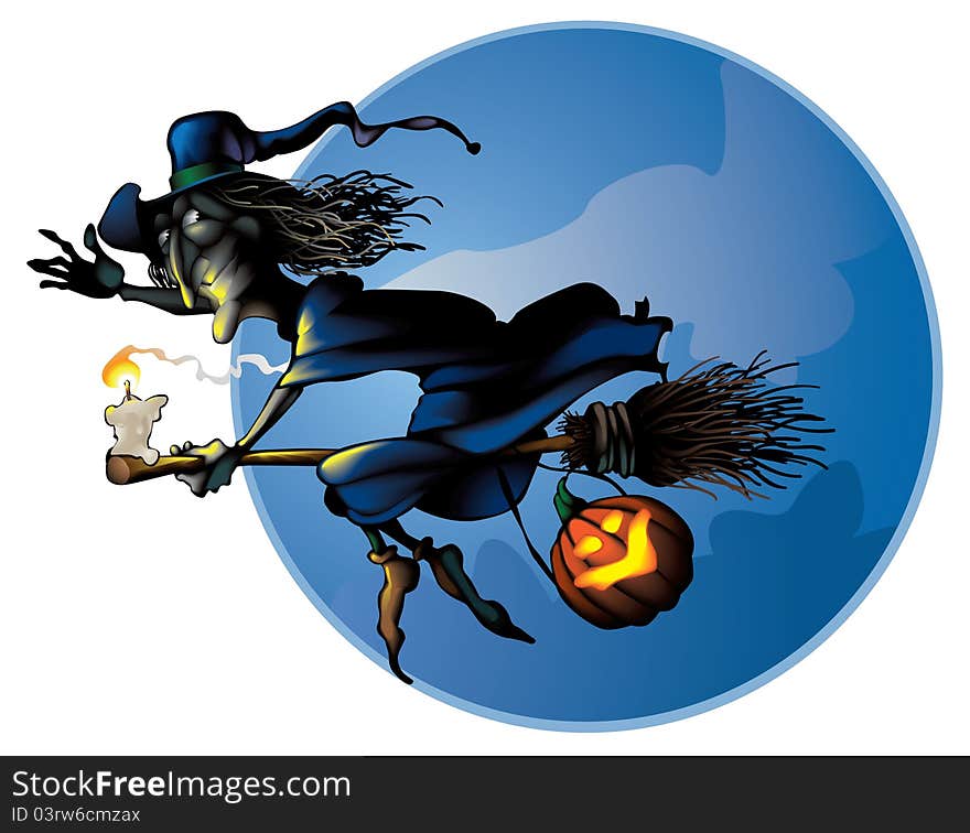 Witch is flying on broom. Witch is flying on broom