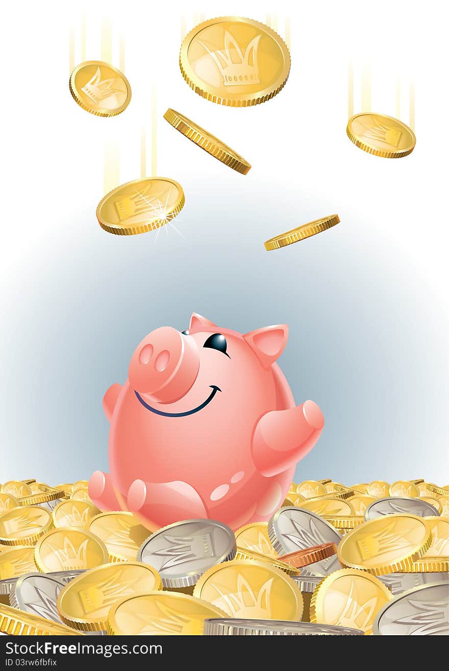 Happy piggy bank with lots of money. Happy piggy bank with lots of money