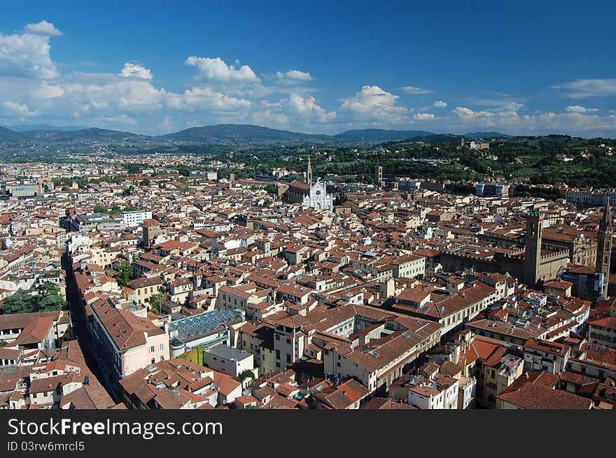 Looking down the dome across the rooftops of Florence