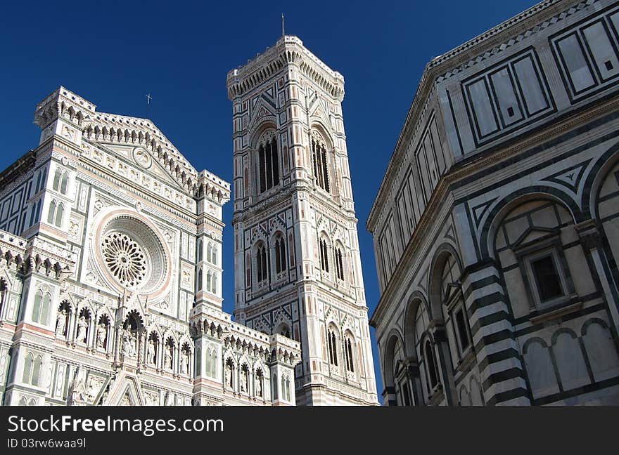 The white marble facade of the Duomo, Campanile and Baptistry in Florence, Italy