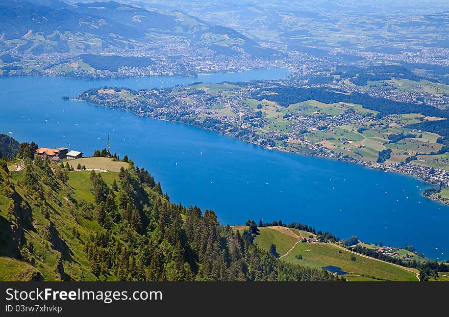 Aerial view of lake Luzern(Vierwalderstattersee) surrounded by montains