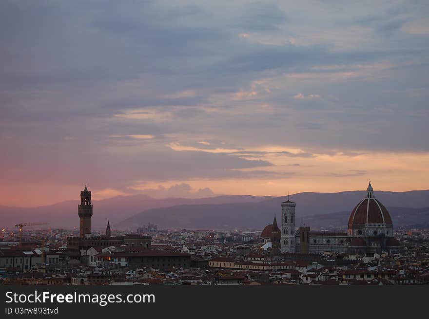 Sunset view from Piazzale Michelangelo across the Arno River and Florence. Sunset view from Piazzale Michelangelo across the Arno River and Florence