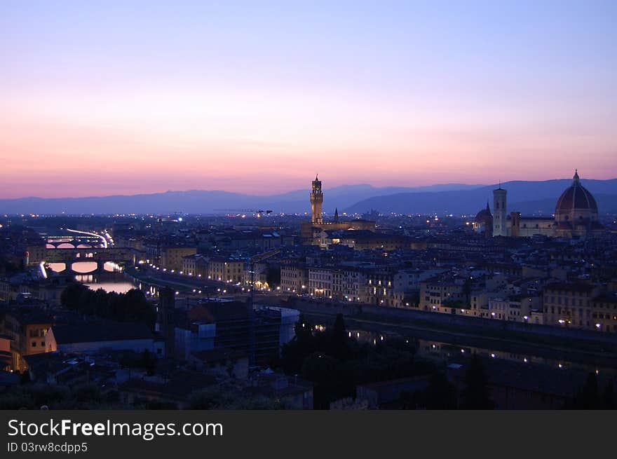 Sunset view from Piazzale Michelangelo across the Arno River and Florence. Sunset view from Piazzale Michelangelo across the Arno River and Florence