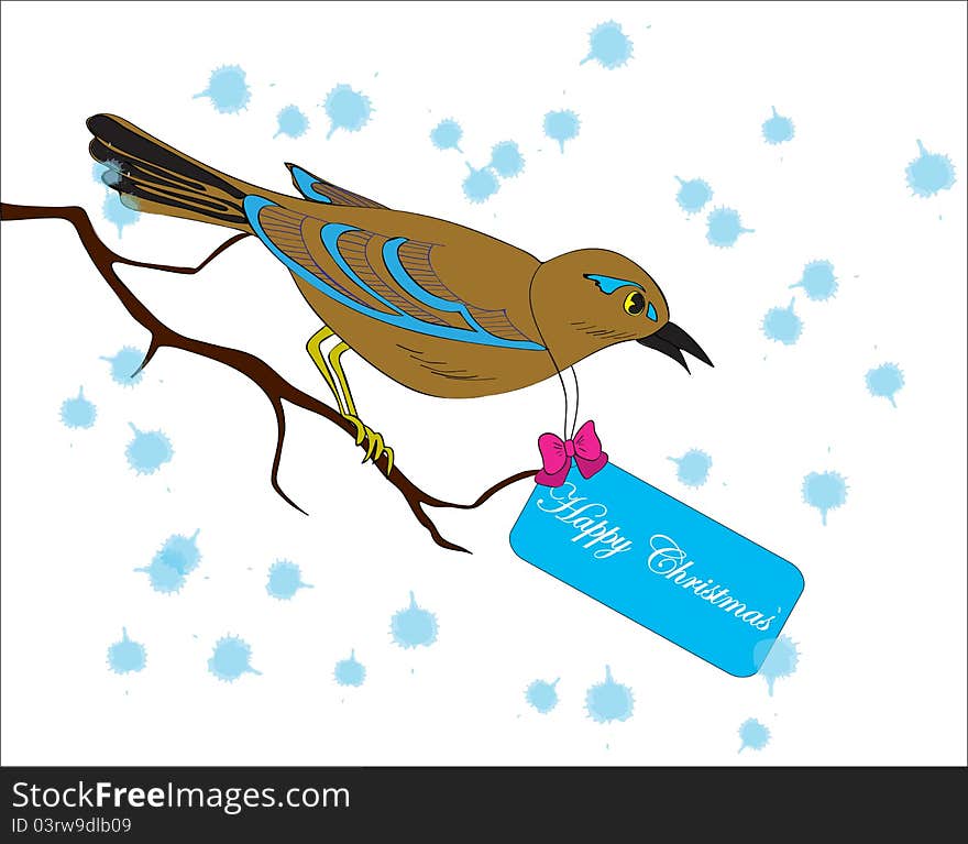 Bird on a branch with a greeting card for Christmas