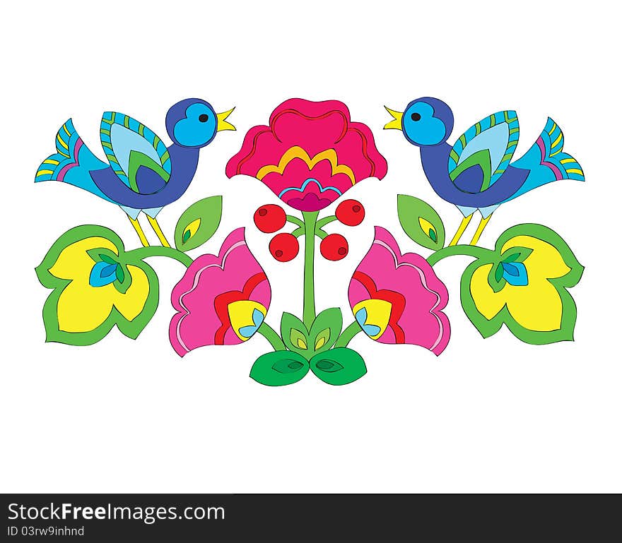 Color Flower Ornament With Birds.