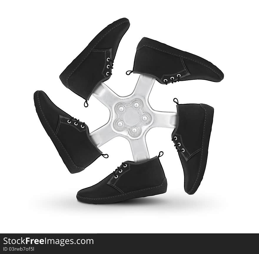 Shoes wheel, creative concept on white