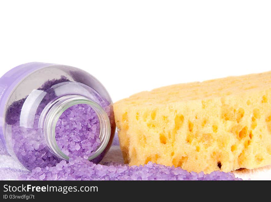 Violet bath salt on white background