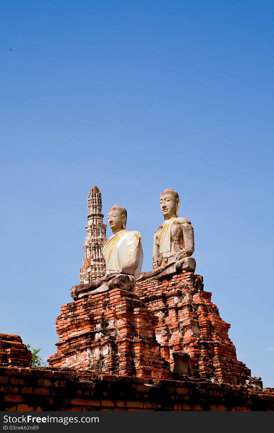 Buddha image in the ruin temple, wat chai wattanaram, ayutthaya, thailand