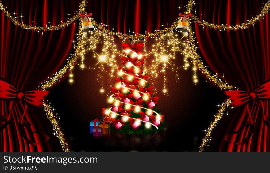 Christmas tree with decoration on the stage. Christmas tree with decoration on the stage