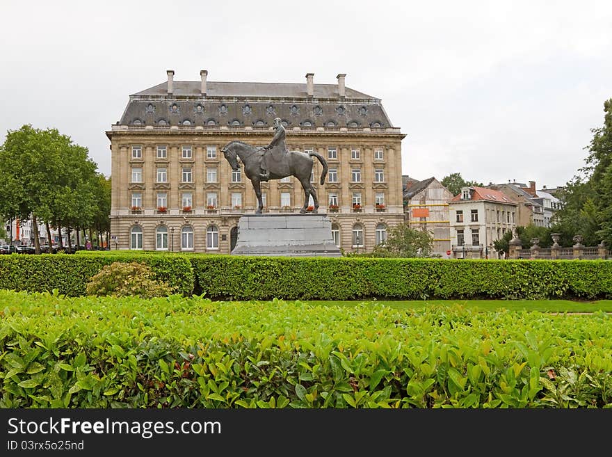 The statue of Leopold the 2nd in front of a building, Brussels, Belgium. The statue of Leopold the 2nd in front of a building, Brussels, Belgium