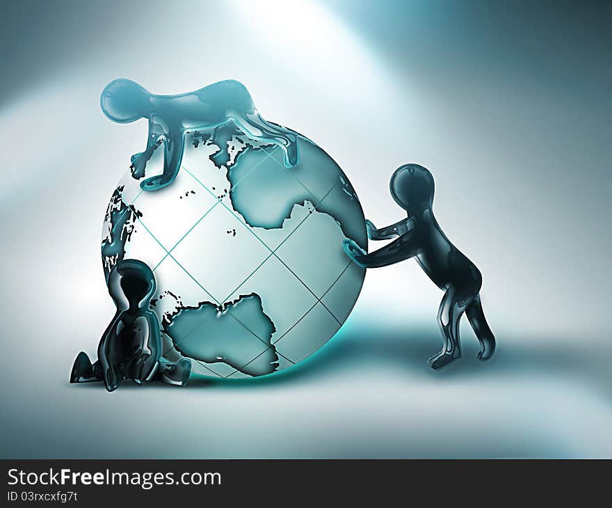 Three cartoon person rolling the world on light background