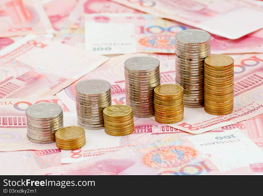 China's yuan, and a pile of coins, for financial material. China's yuan, and a pile of coins, for financial material