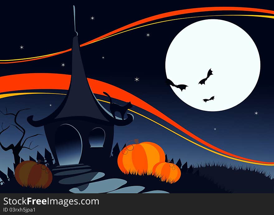 Halloween background with haunted house and bats