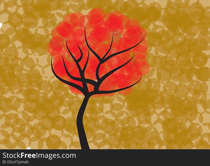 An autumn tree, red on brown background.