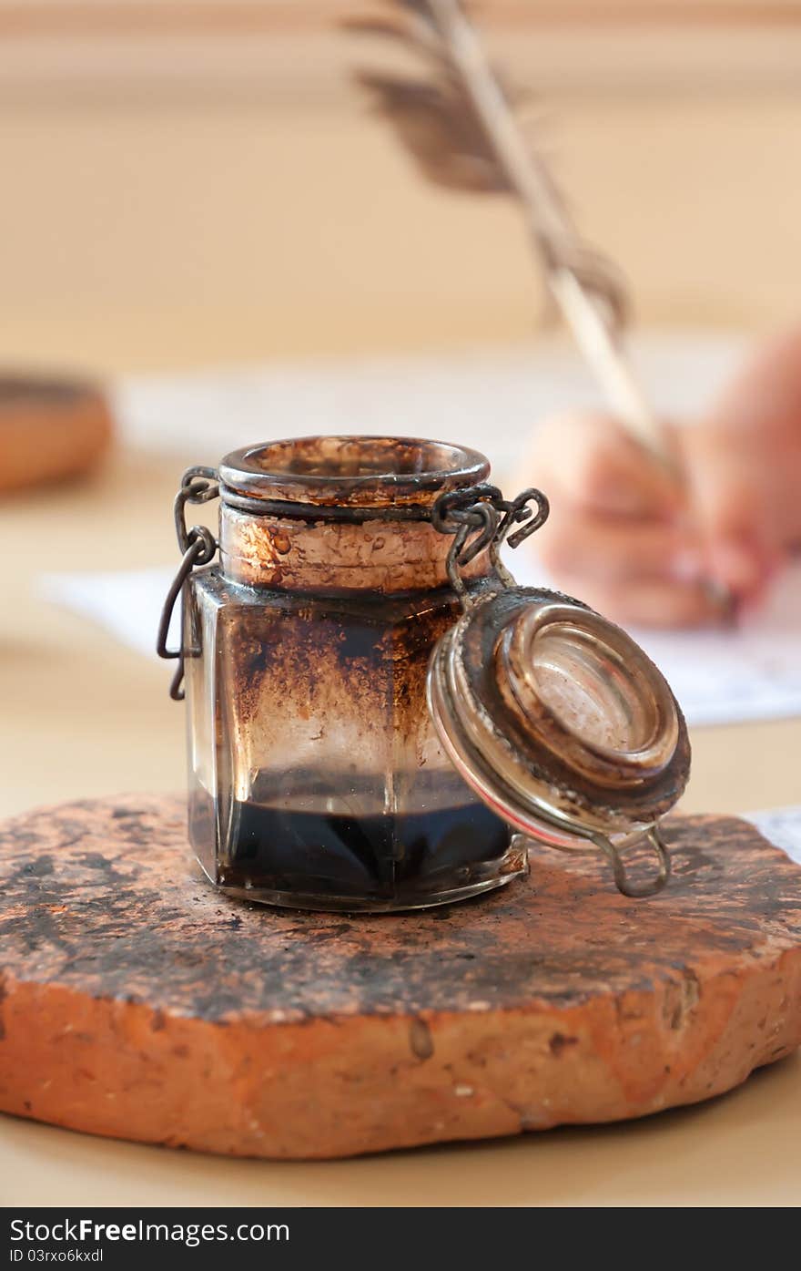 Writing with Ink Well and Quill Pen