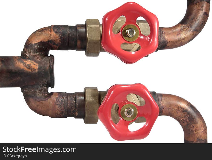 Red valves on copper pipes