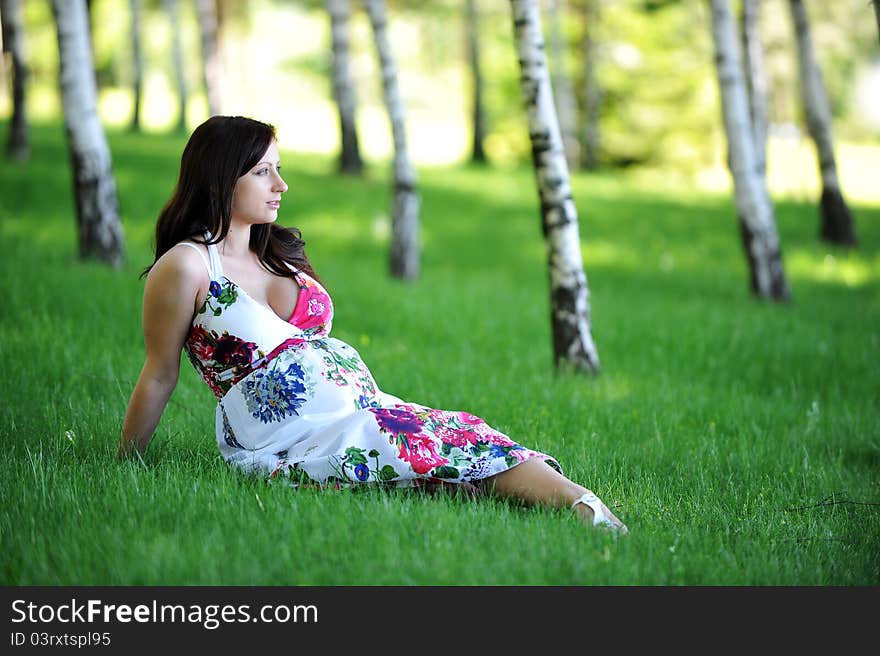 Beautiful woman sitting on grass in birch grove . summer's day. Beautiful woman sitting on grass in birch grove . summer's day.