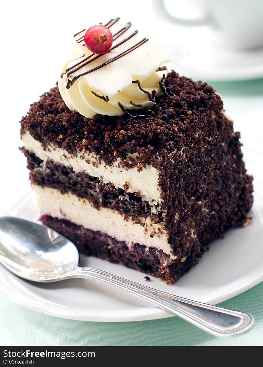 A piece of chocolate torte on a plate. Selective focus. A piece of chocolate torte on a plate. Selective focus