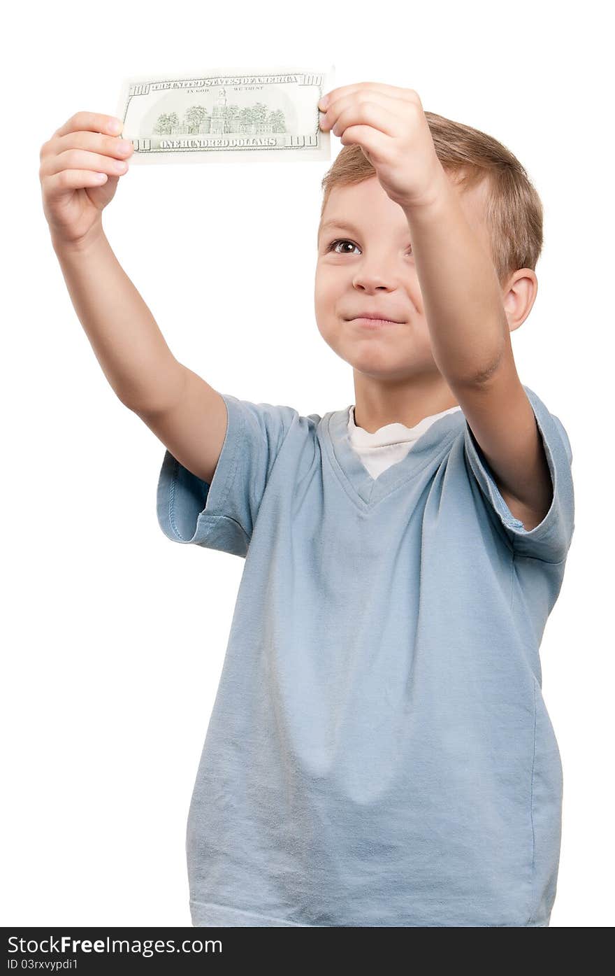 Portrait of a happy little boy with a dollars over white background. Portrait of a happy little boy with a dollars over white background