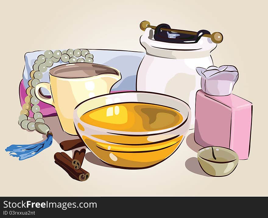 Spa. honey and candles. Still life. vector illustration