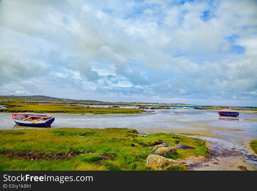 Rossadillisk Quay during low tide in summer, Conemara, Ireland.