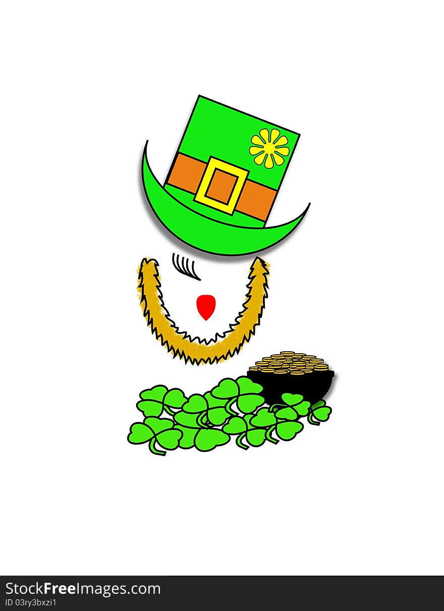 Girl's face wearing a lepricon's beard and hat over a pot of gold in a bed of shamrocks. Girl's face wearing a lepricon's beard and hat over a pot of gold in a bed of shamrocks.