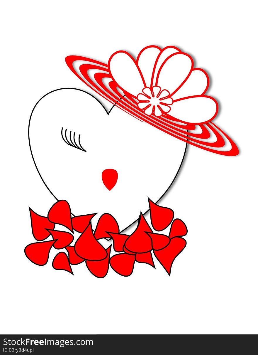 Girl's face on a heart wearing a red hat on a bed of red rose petals. Girl's face on a heart wearing a red hat on a bed of red rose petals.