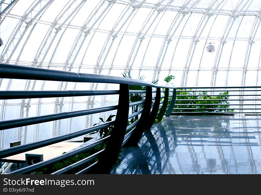 Modern building with glass roof interior