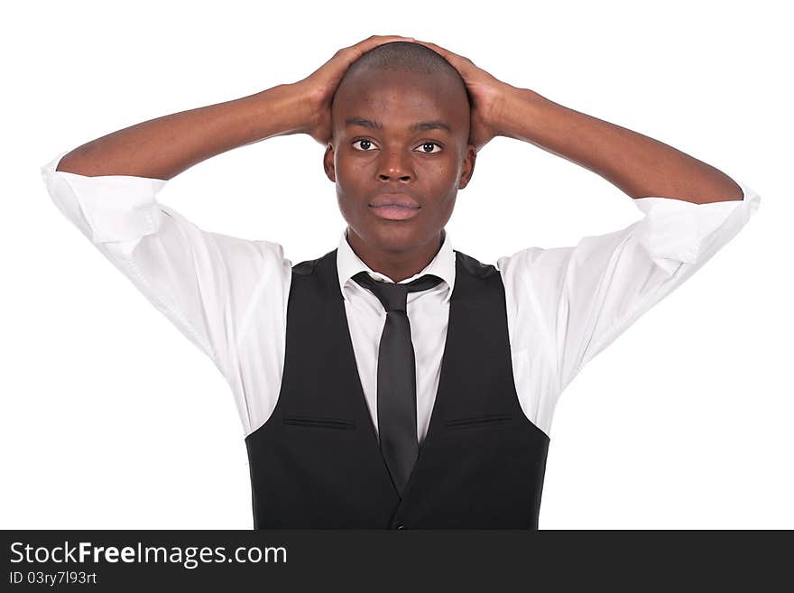 Young and beautiful black man with his hands on the head