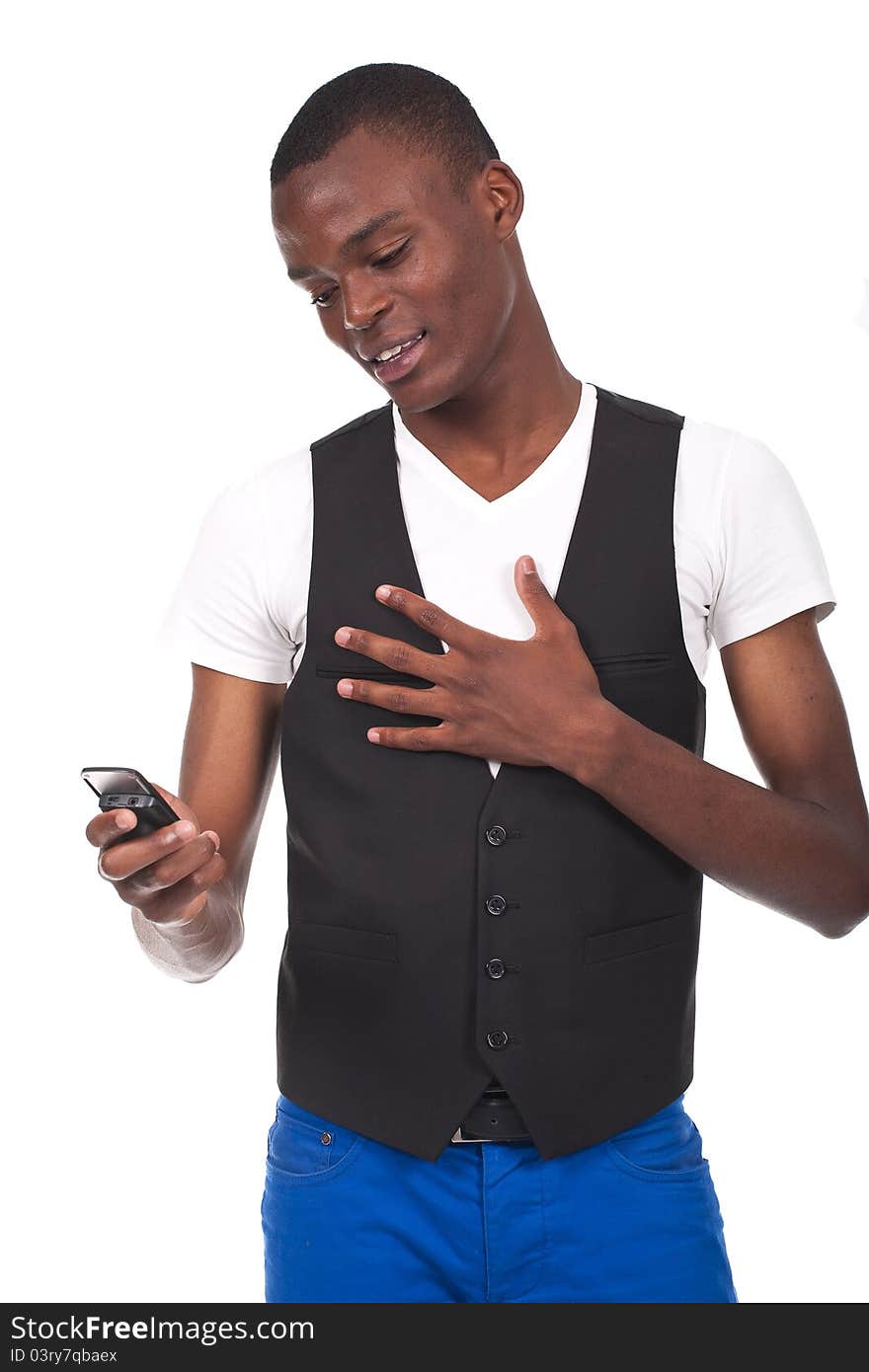 Young and black handsome boy calling on cellphone, isolated on white background. Young and black handsome boy calling on cellphone, isolated on white background