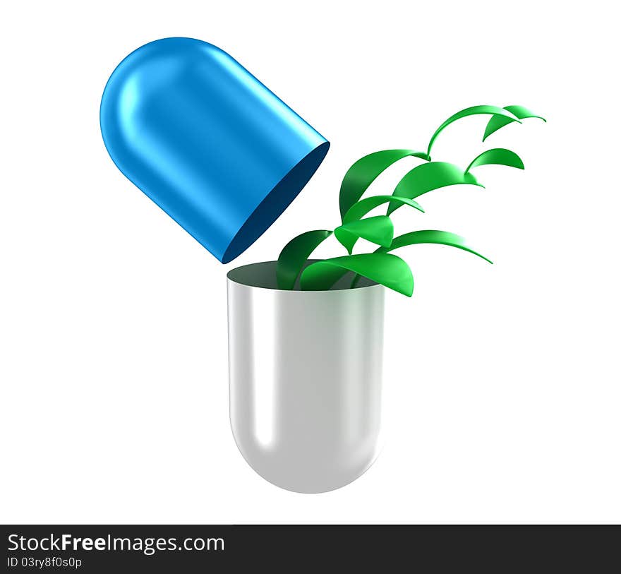 Illustration of capsule with a green leaves inside. Illustration of capsule with a green leaves inside