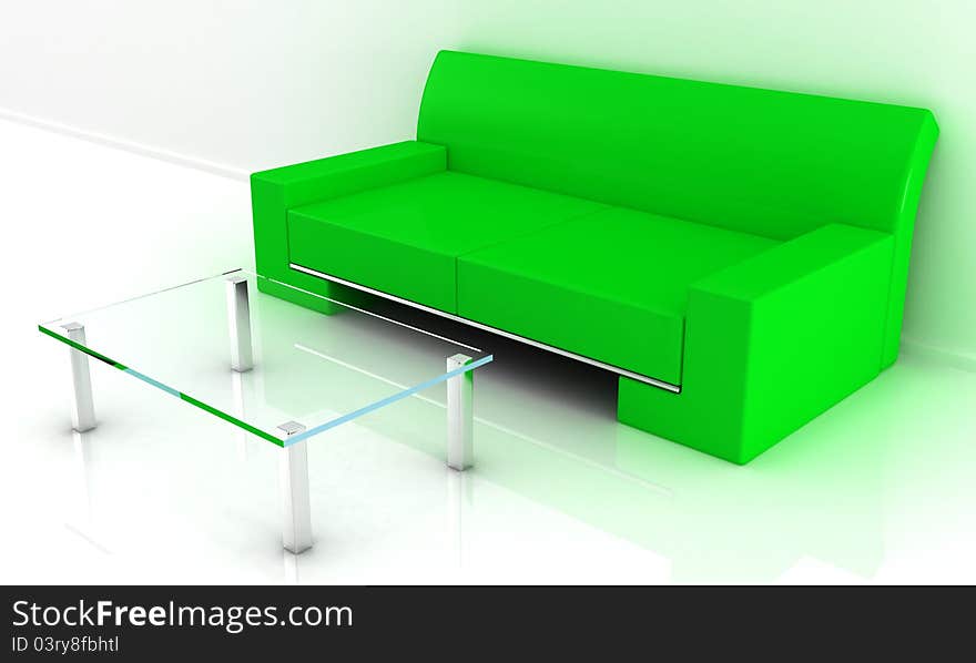 Model of a sofa with a table in a light room. Model of a sofa with a table in a light room