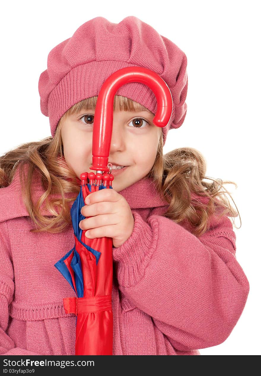 Portrait of a pretty little girl with umbrella. Isolated on white background.