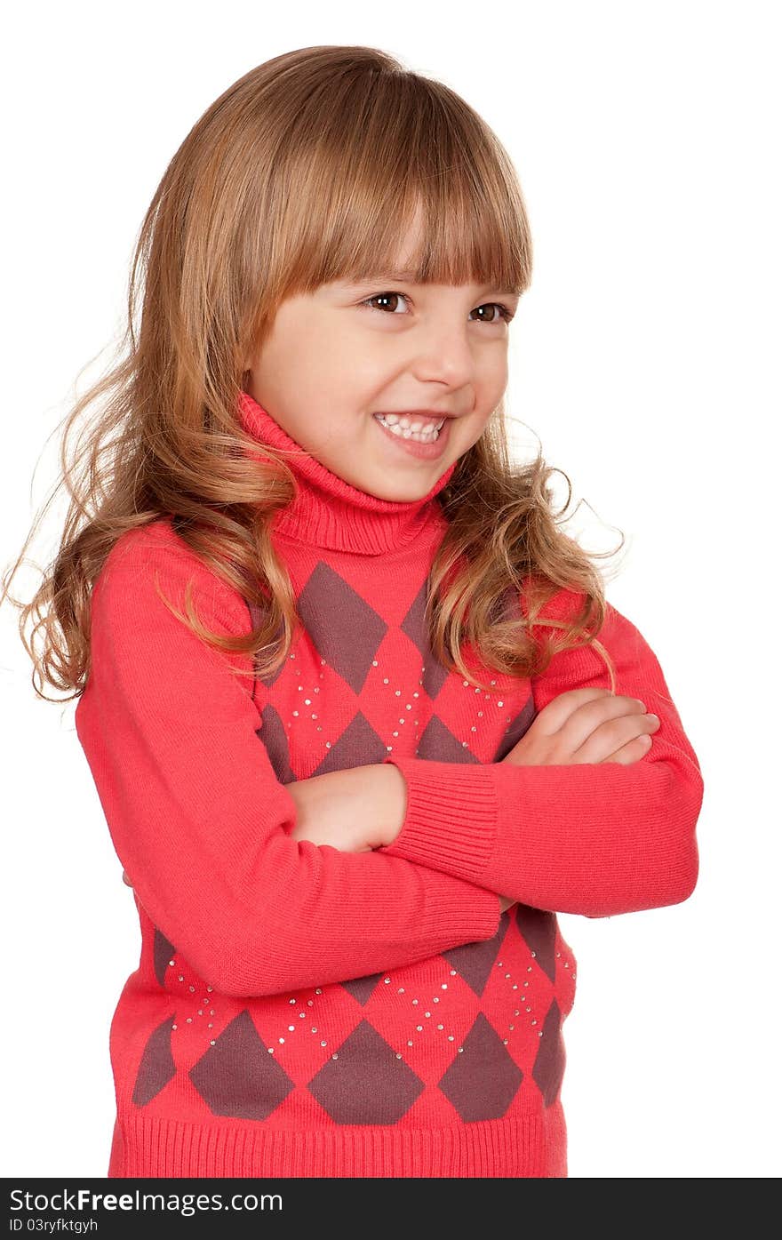 Portrait of a pretty little girl in sweater on white background