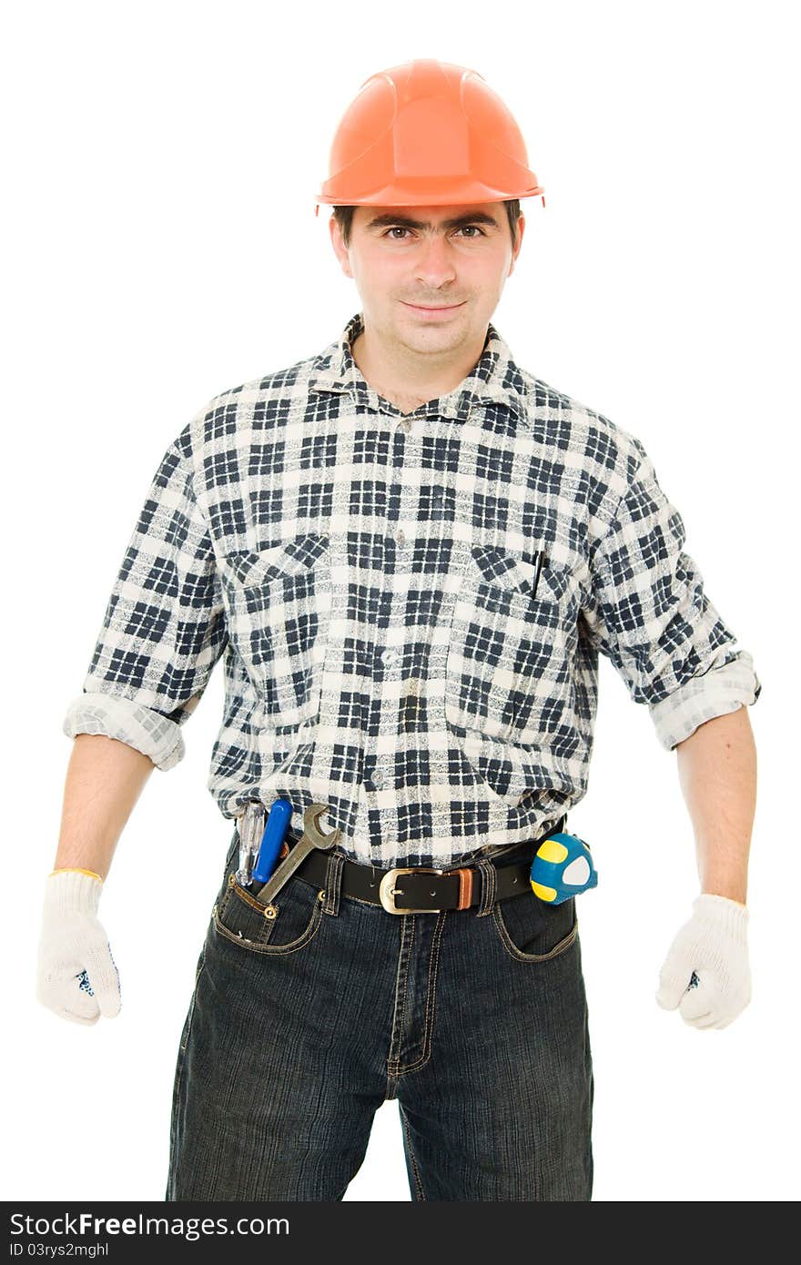 Successful worker in a helmet on a white background.