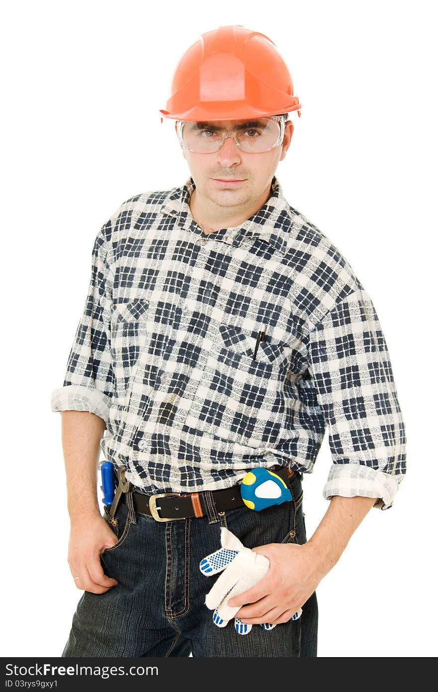 Worker in a helmet on a white background.