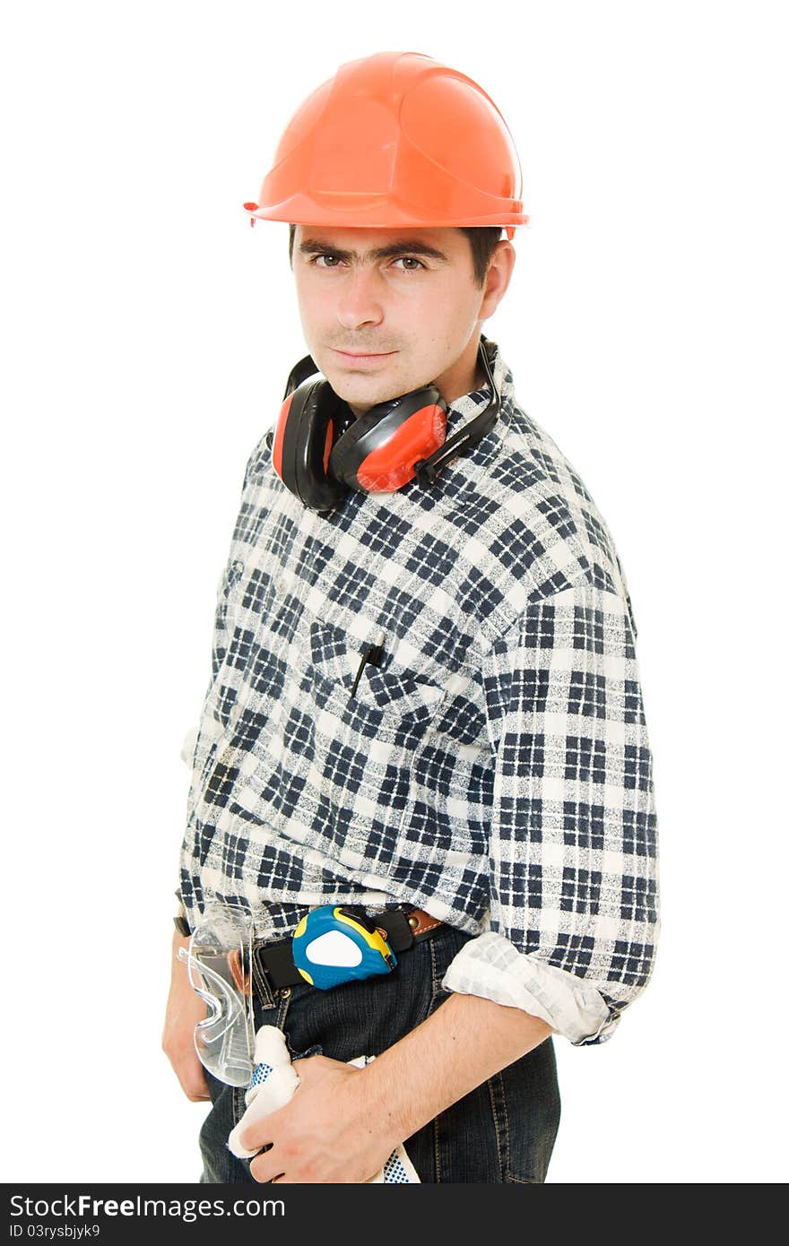 Worker in a helmet on a white background.