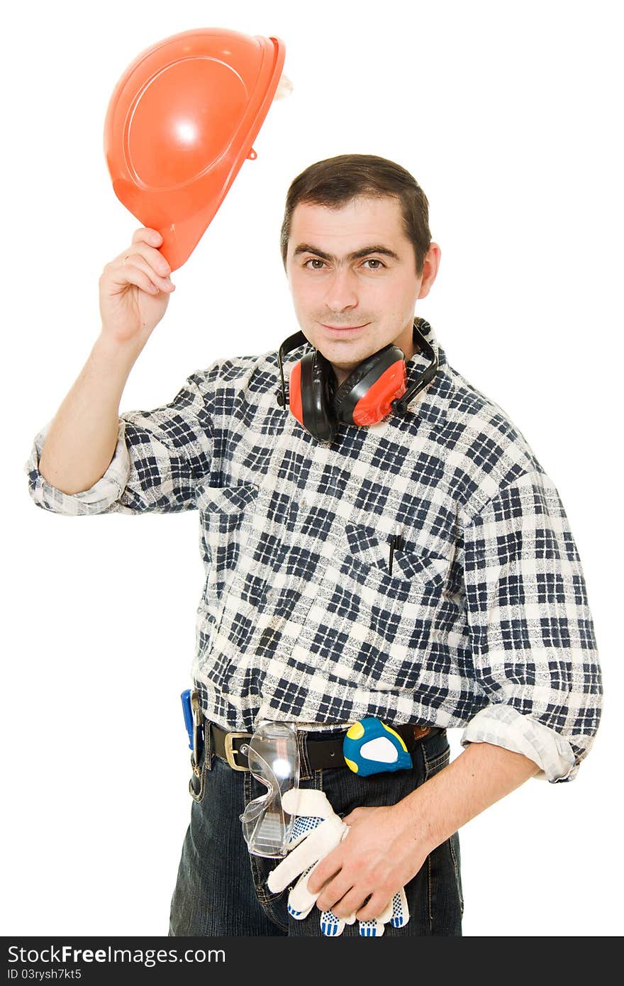 Successful worker in a helmet on a white background.