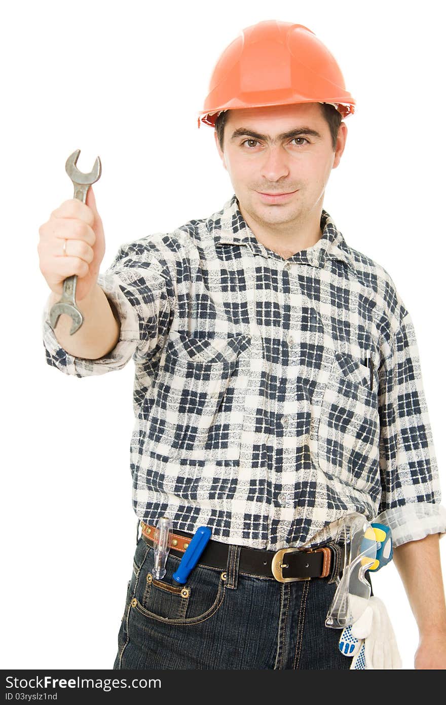 Successful worker in a helmet on a white background.