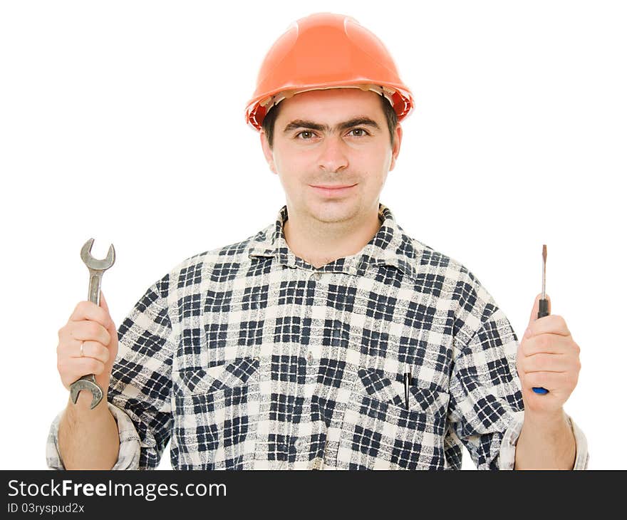 Successful worker in a helmet on a white background.