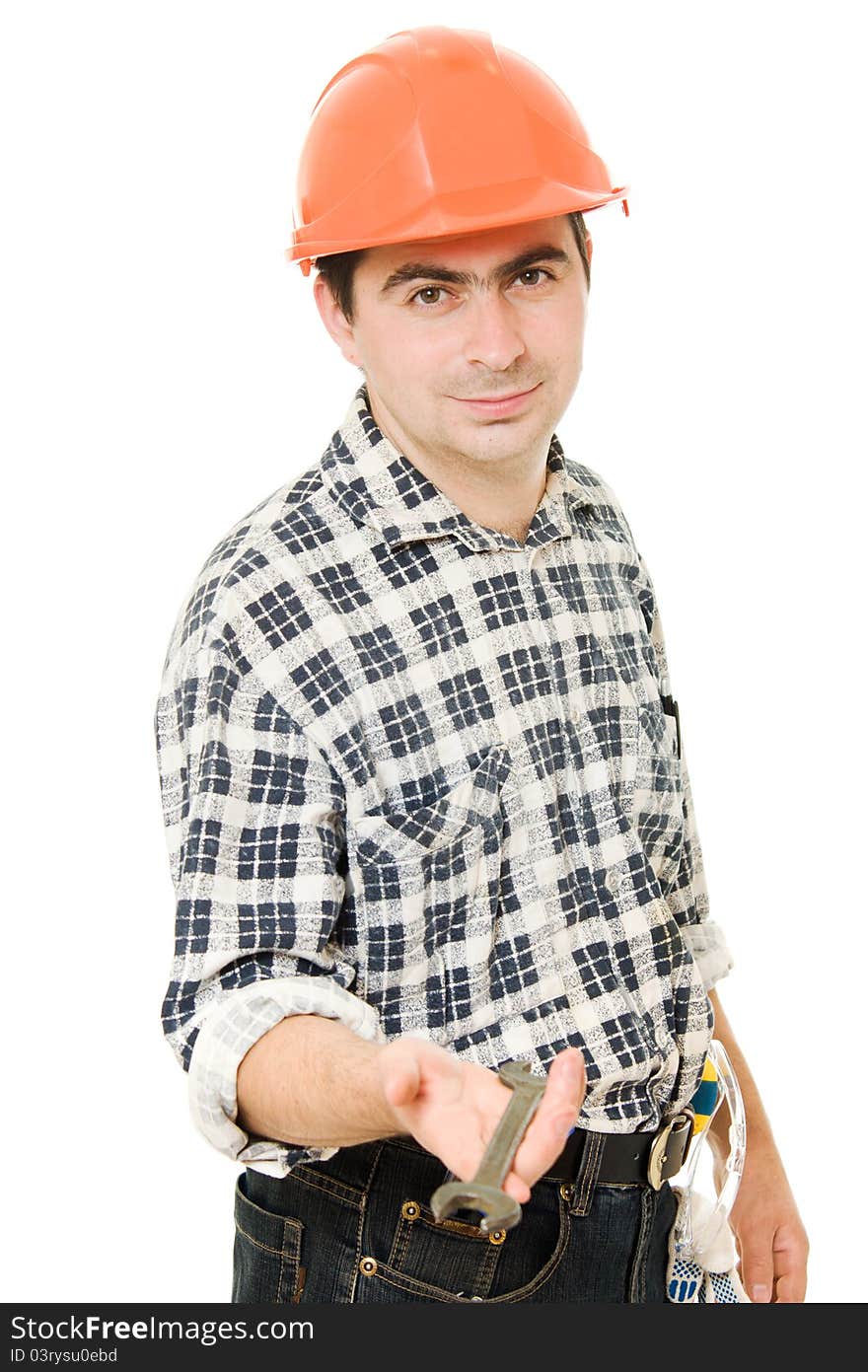 Successful worker in a helmet on a white background.