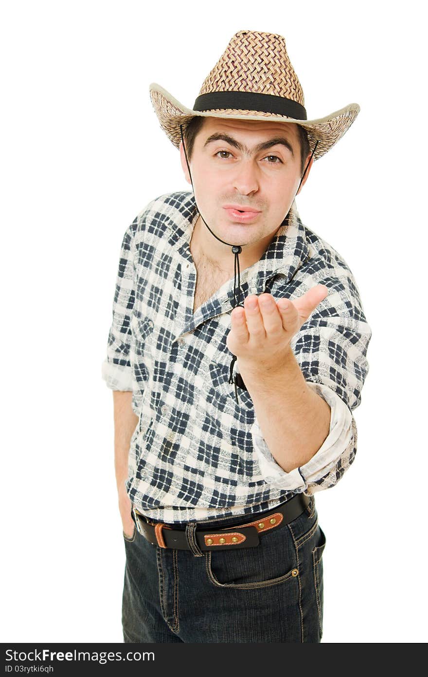 Cowboy sends a kiss on a white background.