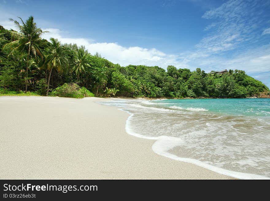 Panoramic view of nice paradise like empty tropical beach. Panoramic view of nice paradise like empty tropical beach