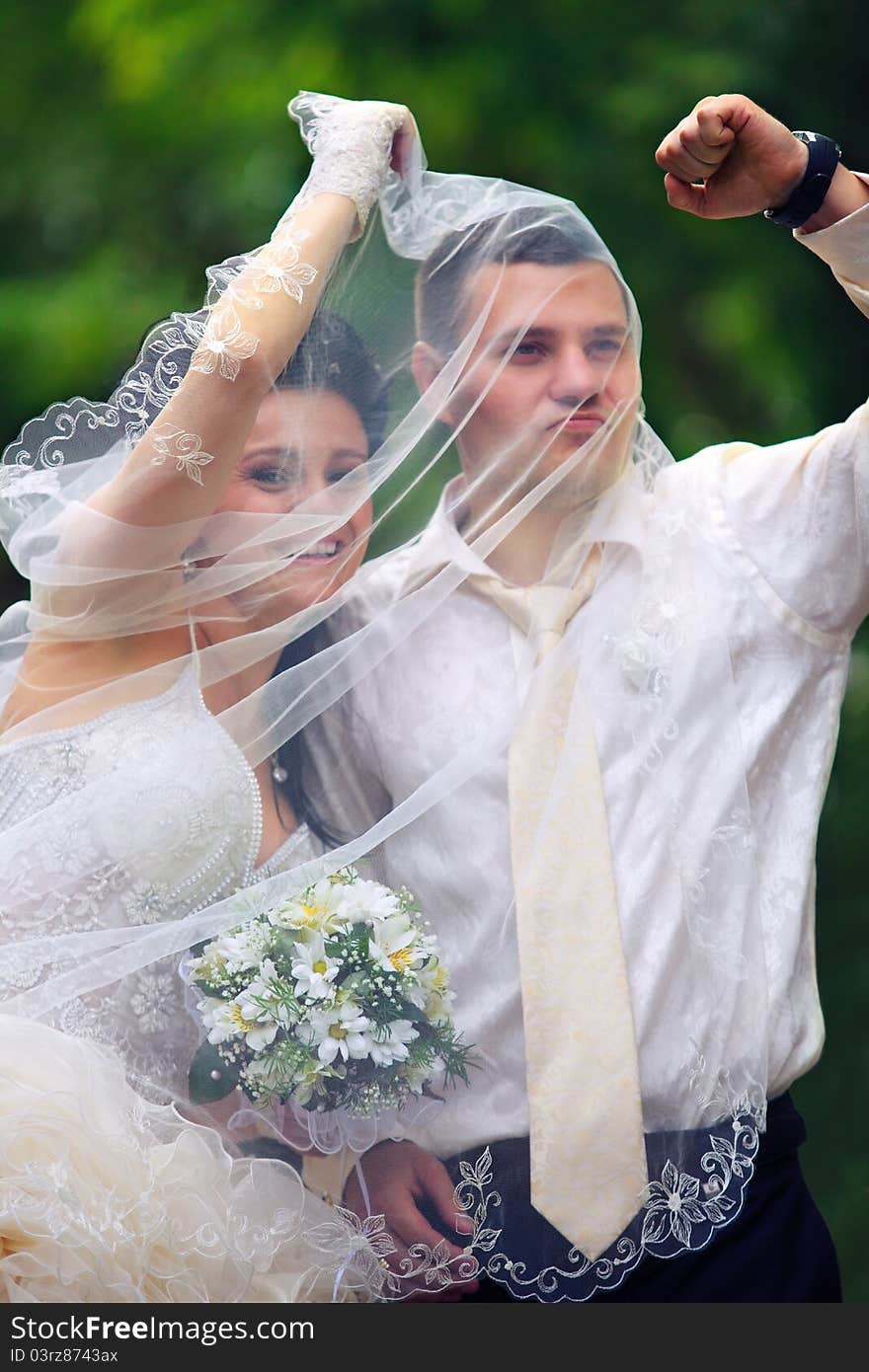 Portait of young wedding couple under veil