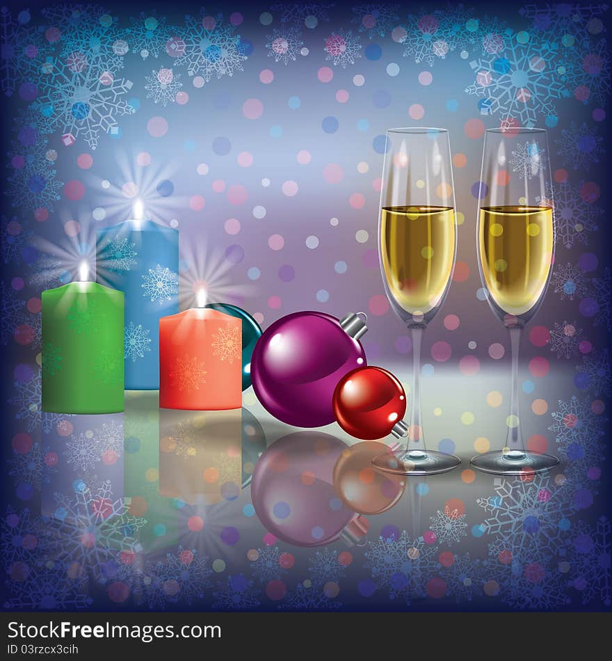 Christmas Greeting With Champagne And Candles